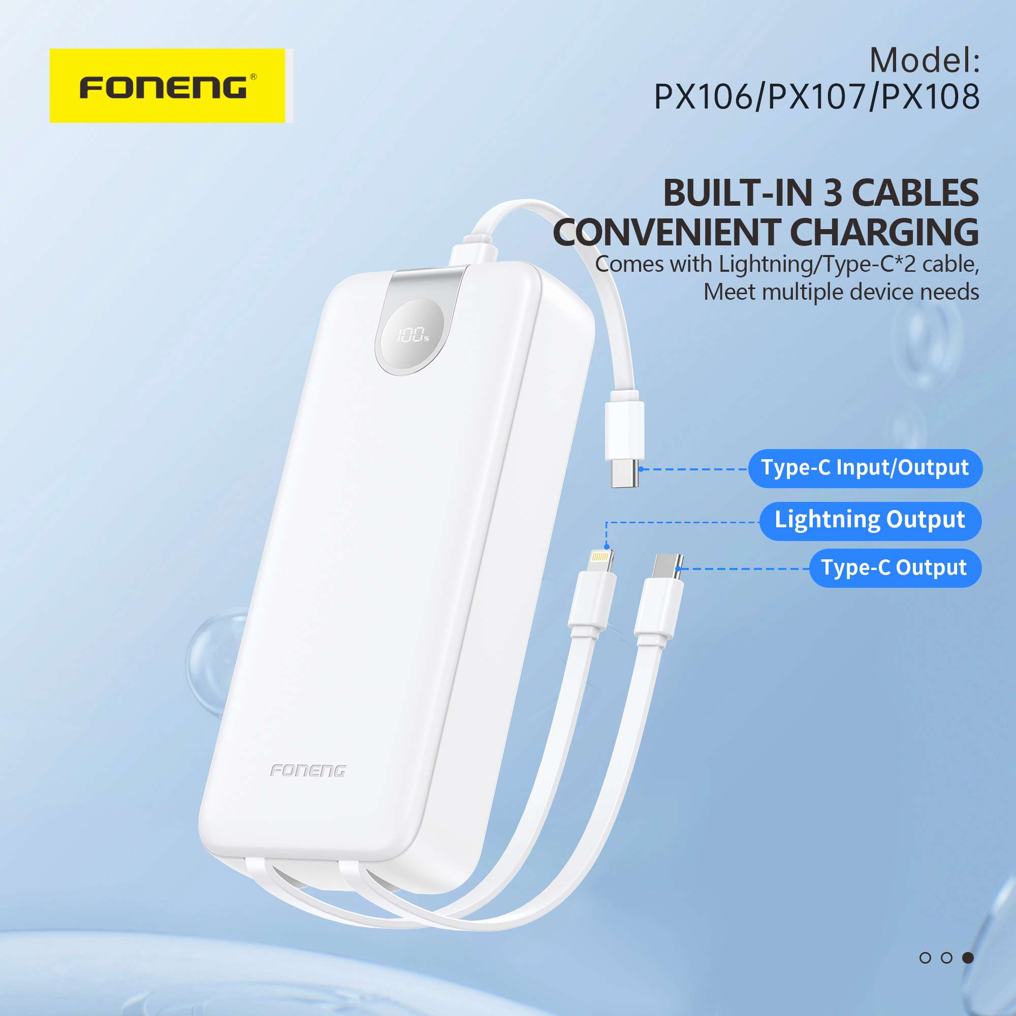Foneng PX107 22.5W 20000mAh Power Bank with Built-In 3 Cables