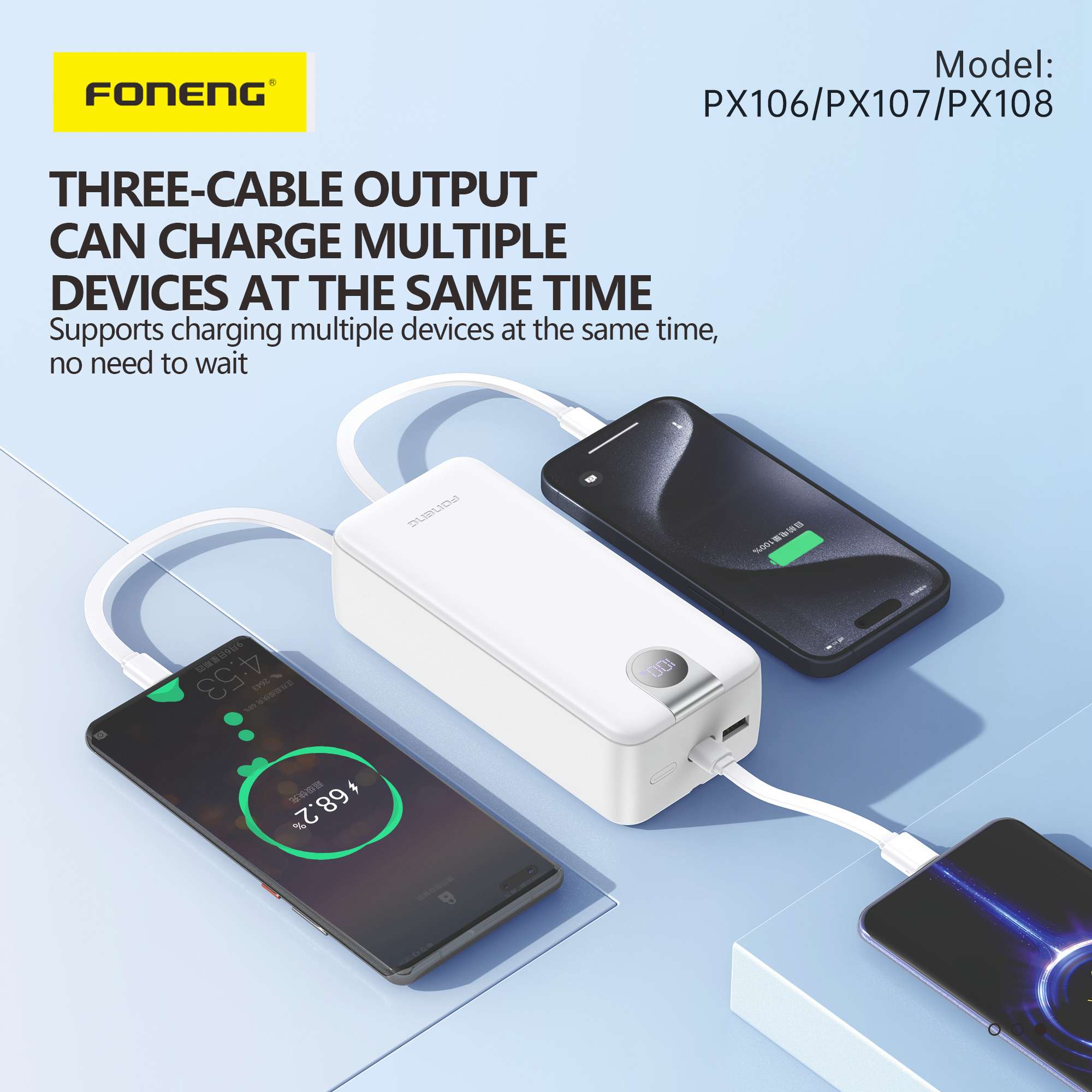 Foneng PX107 22.5W 20000mAh Power Bank with Built-In 3 Cables