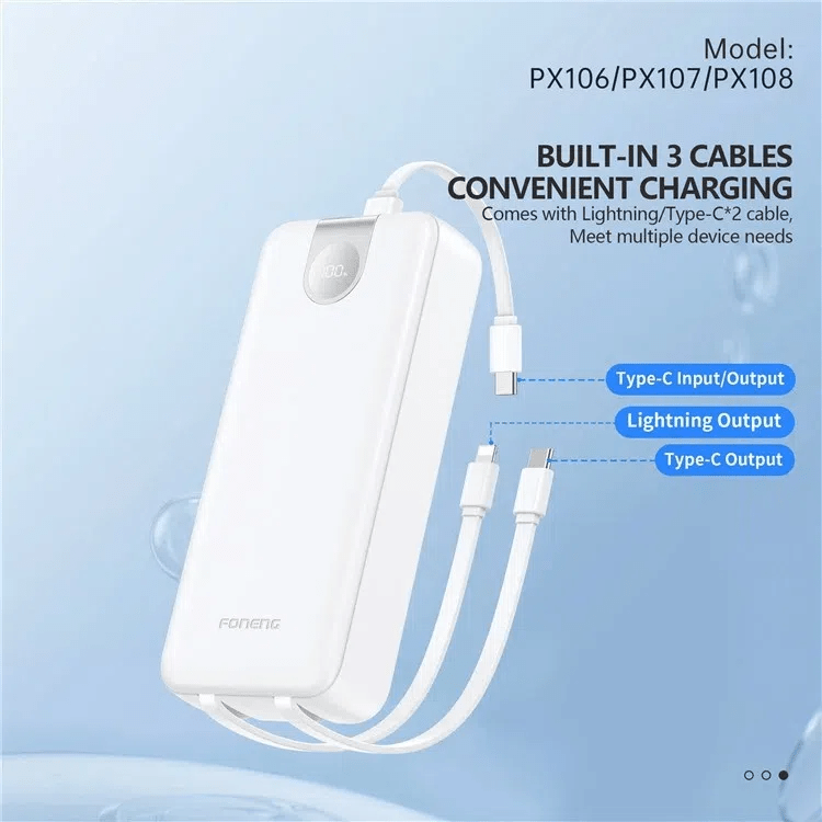 Foneng PX108 22.5W 30000mAh Power Bank with Built-In 3 Cables