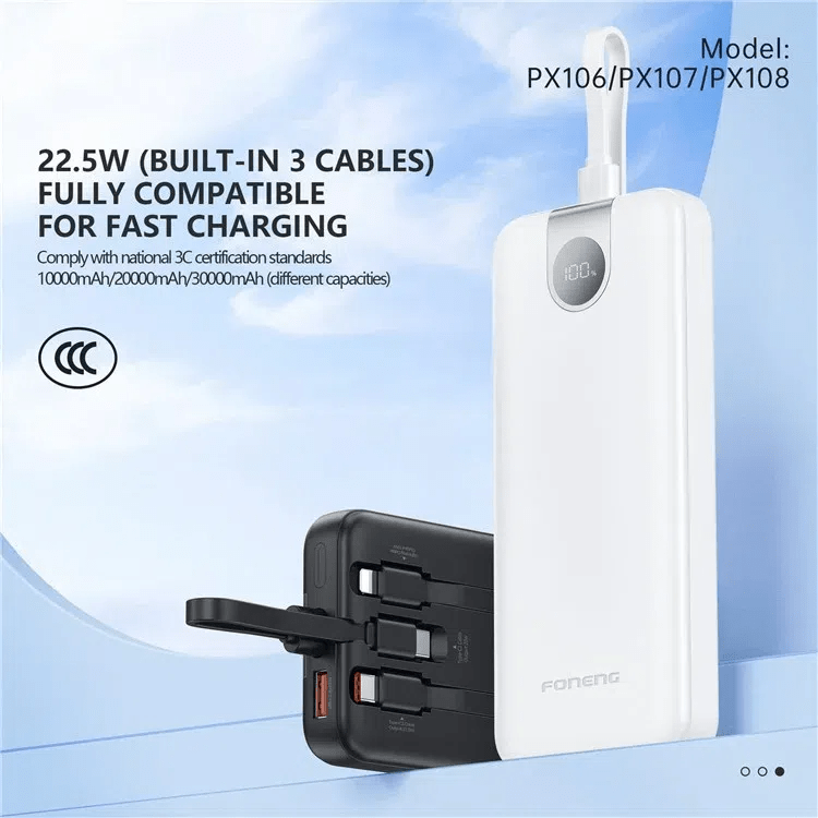 Foneng PX108 22.5W 30000mAh Power Bank with Built-In 3 Cables