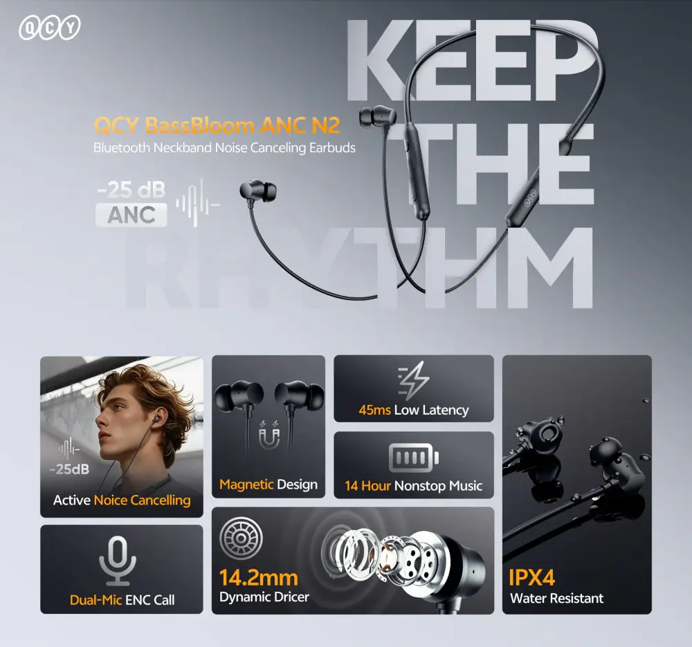 qcy bassbloom anc n2 wireless neckband headphones